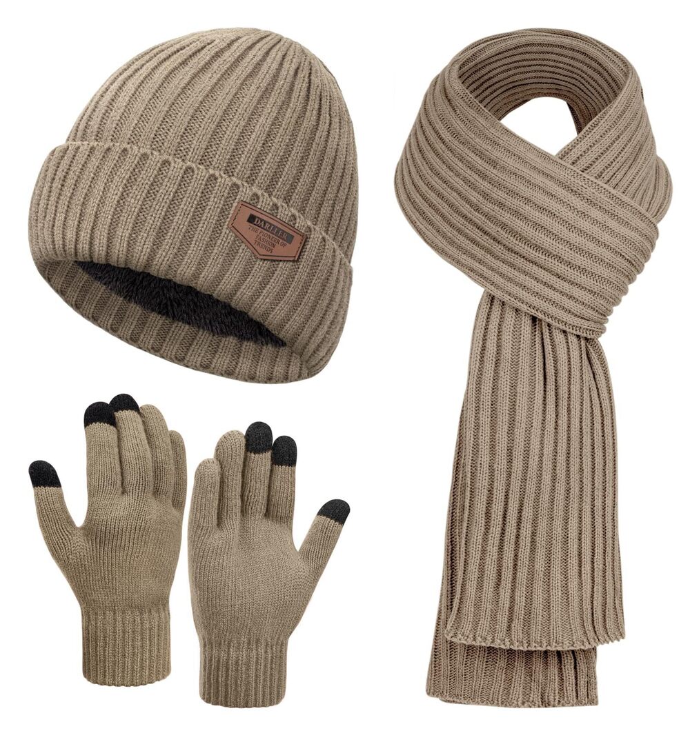1511 Hat and Gloves Set, Warm Beanie Knit Long Scarf Fleece Lined Winter